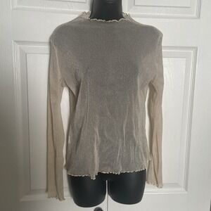 Pink Mesh Shirt Women M Long Sleeve Dainty Metallic Shimmer Sheer Lettuce Hem